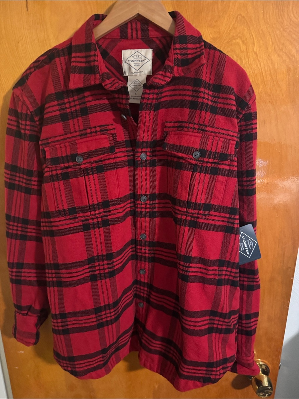 Red Plaid Shirt Jacket Mens Large 100 % Cotton